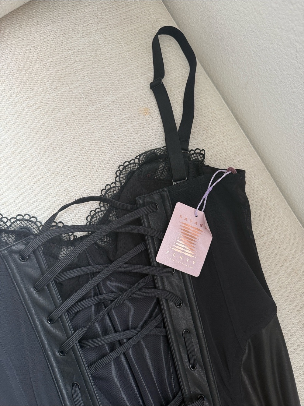 Savage X Fenty Black Lace-Trim Slip Chemise - Picture 9 of 10